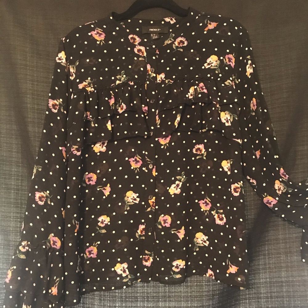 Flare sleeve polka dot and pansies blouse